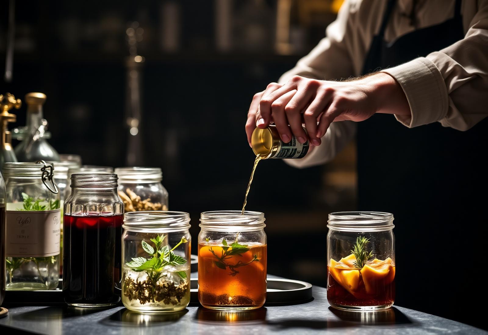 Preparazioni home-made del cocktail bar a Verona — sciroppi, infusi e ingredienti artigianali